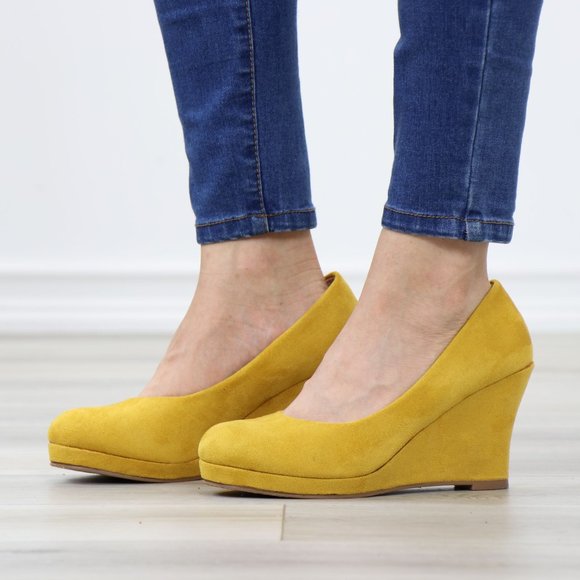 Mustard Faux Suede Close Round Toe Wedge High Heel - Picture 11 of 11
